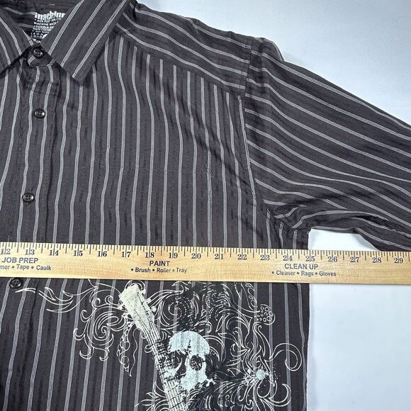 Machine Graphic Long Sleeve Button Down Men's XL Brown Shirt Guitar Skull Print - Picture 4 of 8